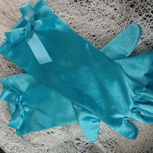 Turquoise Satin Gloves with Bows Stretchy Dress Up 80s Prom Costume Wear - Picture 3 of 3
